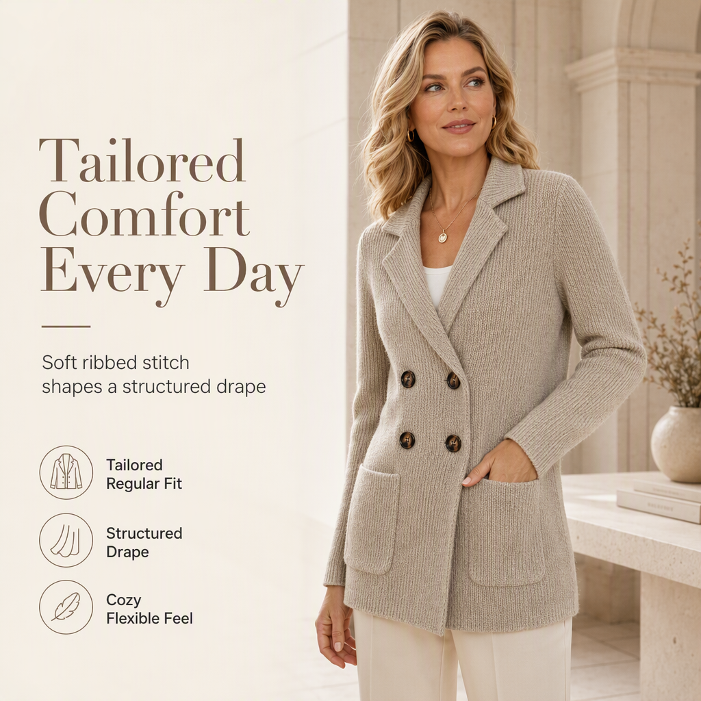 Premium Double-Breasted Knit Blazer, Elegant Ribbed Knit Jacket for Women, Casual-Formal Outerwear for the Office and Home