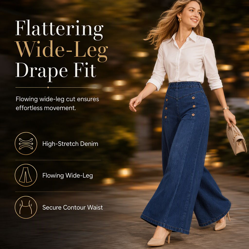 High Waisted Wide Leg Stretch Denim Jeans with Decorative Buttons
