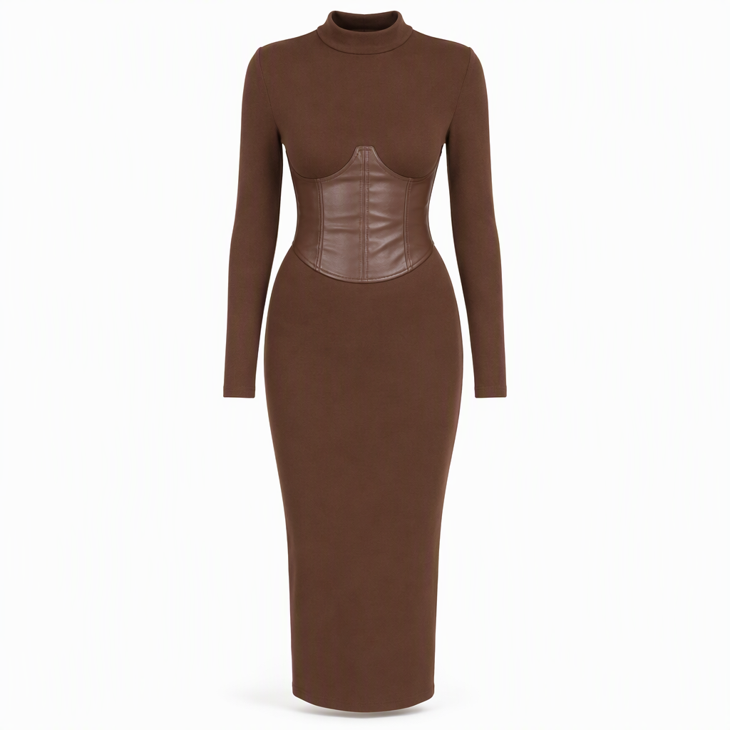 Women's Crew Neck Long Sleeve Patchwork Slim Fit Bodycon Pullover Dress