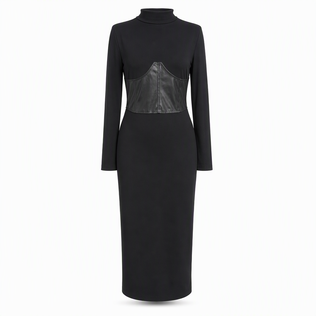 Women's Crew Neck Long Sleeve Patchwork Slim Fit Bodycon Pullover Dress