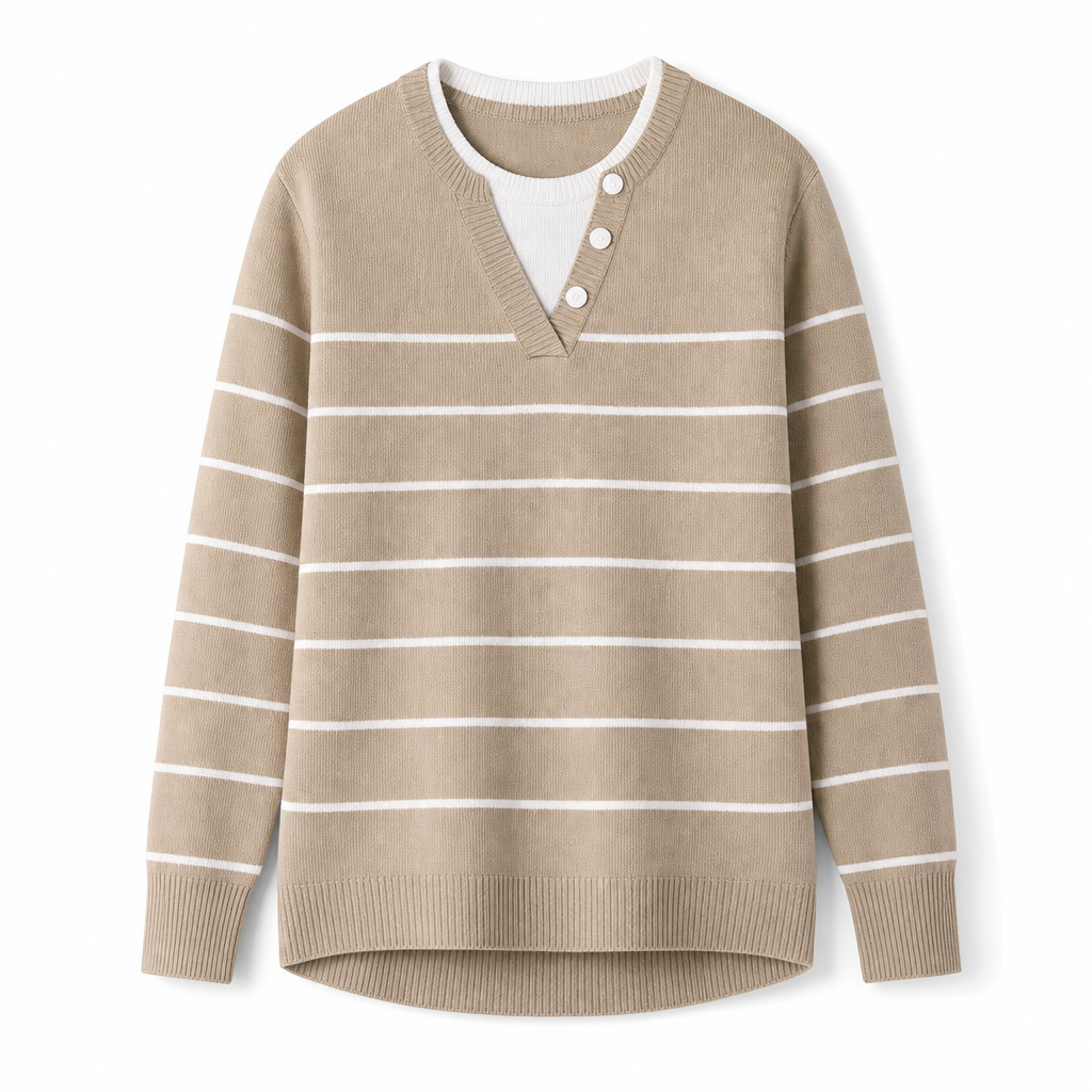Casual Mock Two Piece V Neck Knit Sweater with Button Details