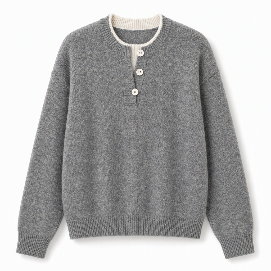 Casual Mock Two Piece V Neck Knit Sweater with Button Details