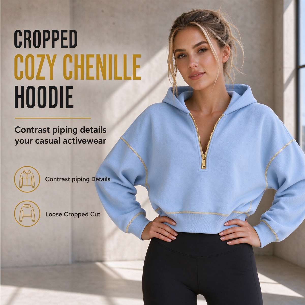 Womens Cropped Zip Up Hoodie with Contrast Trim Long Sleeve Loose Fit Solid Color Casual Sweatshirt for Autumn and Winter
