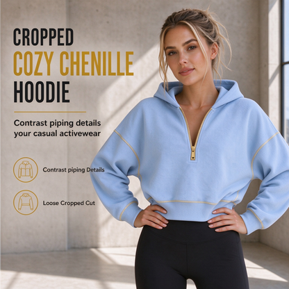 Womens Cropped Zip Up Hoodie with Contrast Trim Long Sleeve Loose Fit Solid Color Casual Sweatshirt for Autumn and Winter