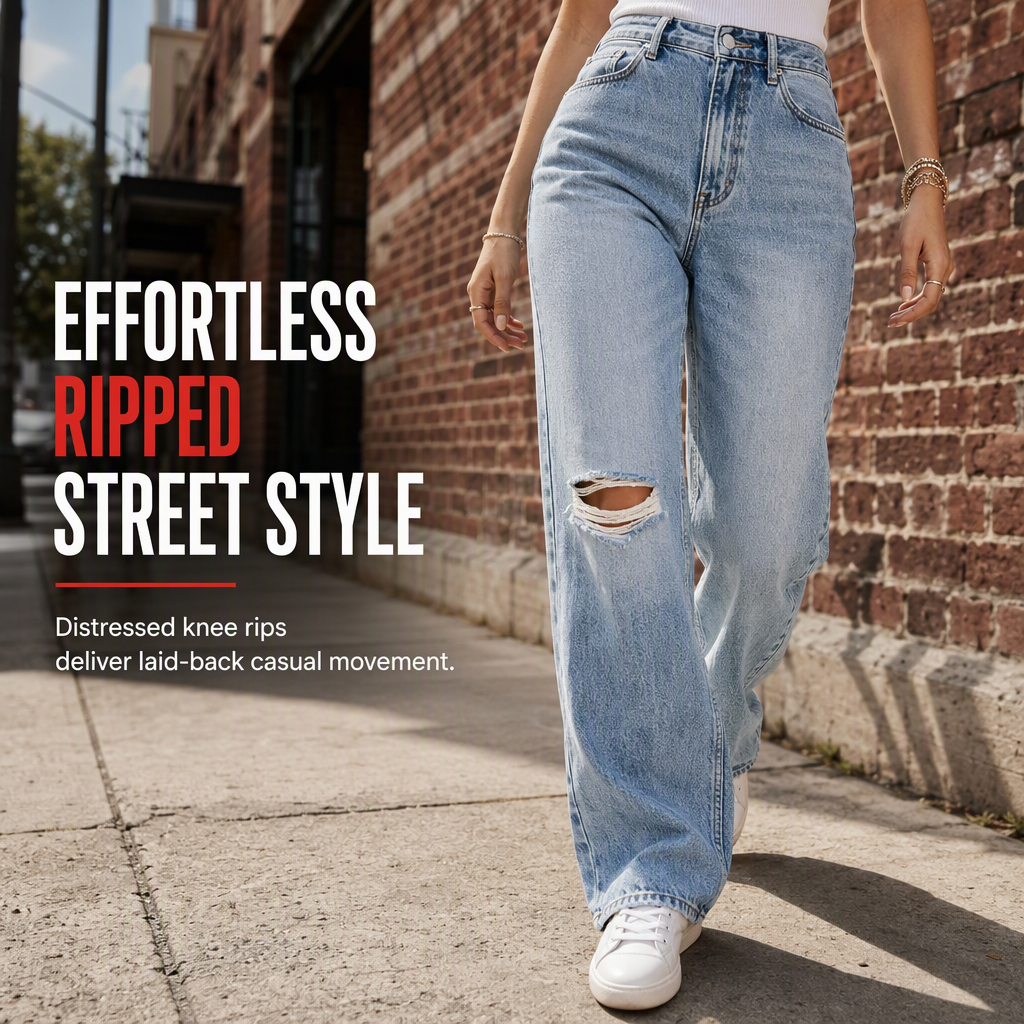 🖤Free Shipping🖤Women's High Waisted Ripped Wide Leg Denim Jeans Distressed Straight Pants