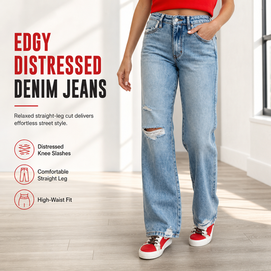 🖤Free Shipping🖤Women's High Waisted Ripped Wide Leg Denim Jeans Distressed Straight Pants