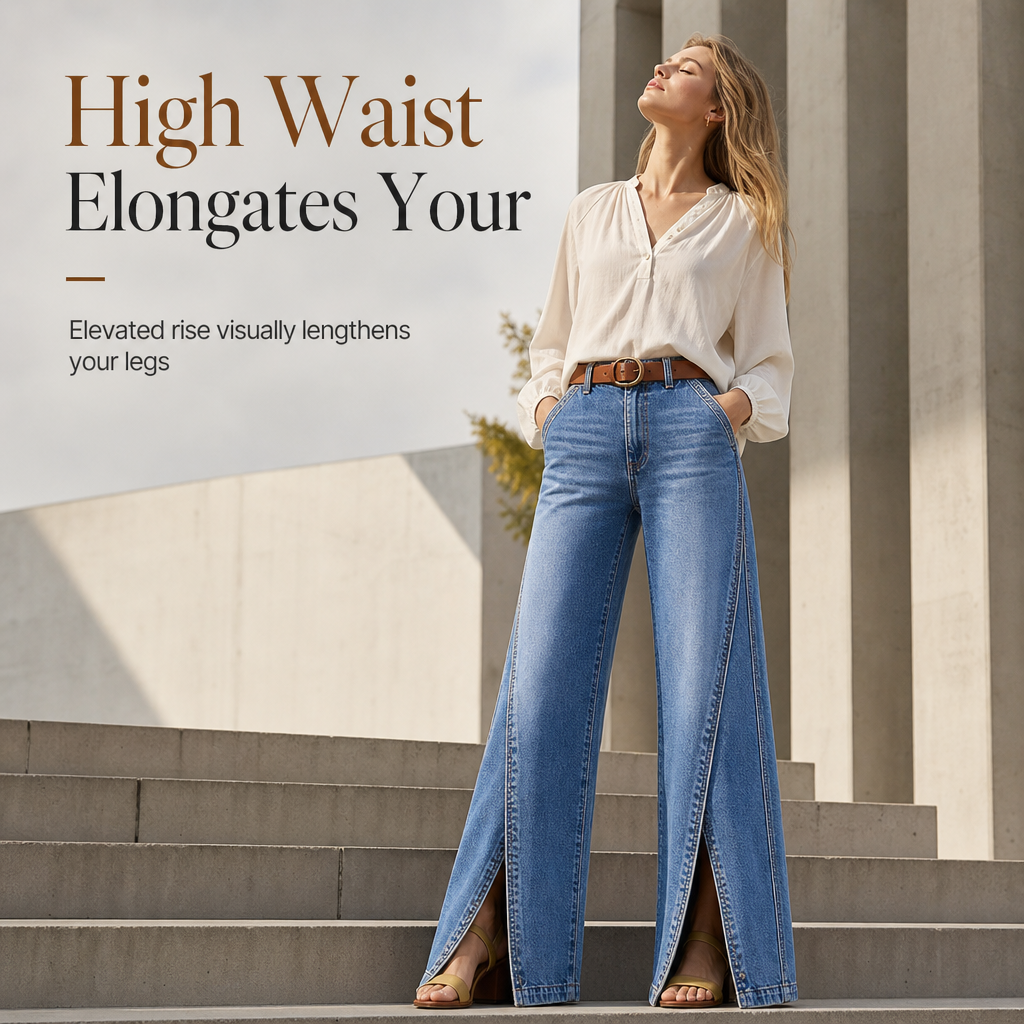 Women's High Waisted Wide Leg Jeans with Split Hems