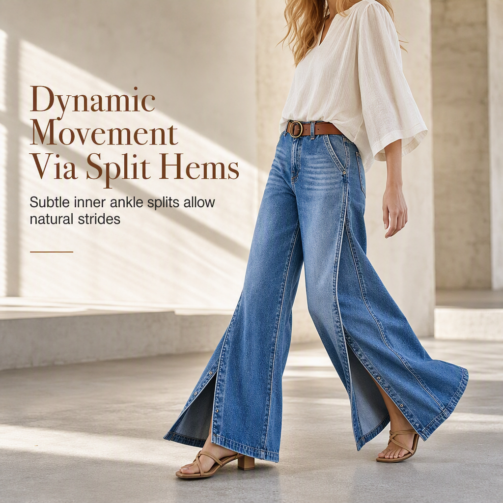 Women's High Waisted Wide Leg Jeans with Split Hems