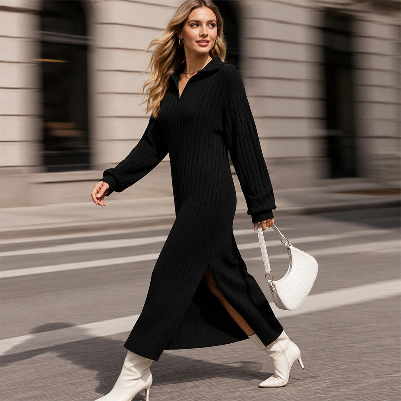 Women's Ribbed Knit Collared Slit Maxi Dress
