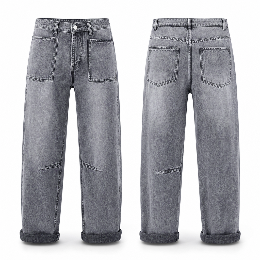 Women's Plus Size Stretch Jeans Mid Rise Cropped Barrel Leg Denim Pants with Cuffed Hem and Stitched Patch Pockets