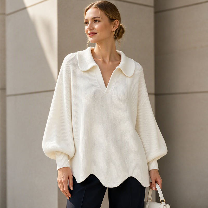 Women's Elegant V-Neck Sweater with Lantern Sleeves