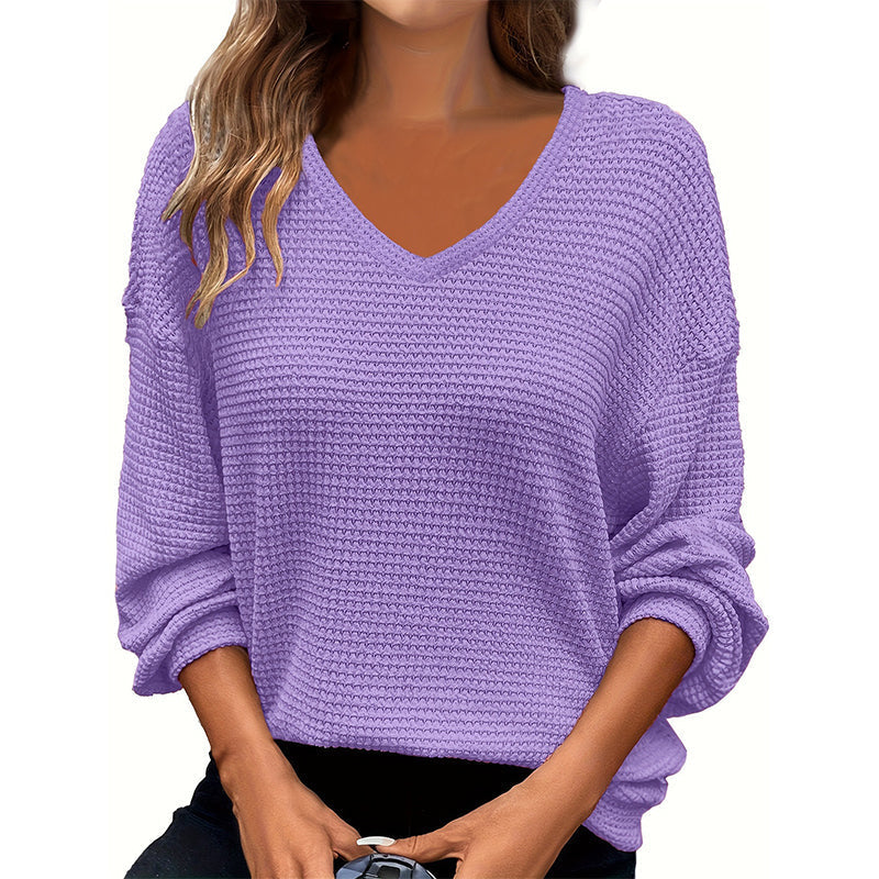 Women's Casual V-Neck Waffle Knit Top