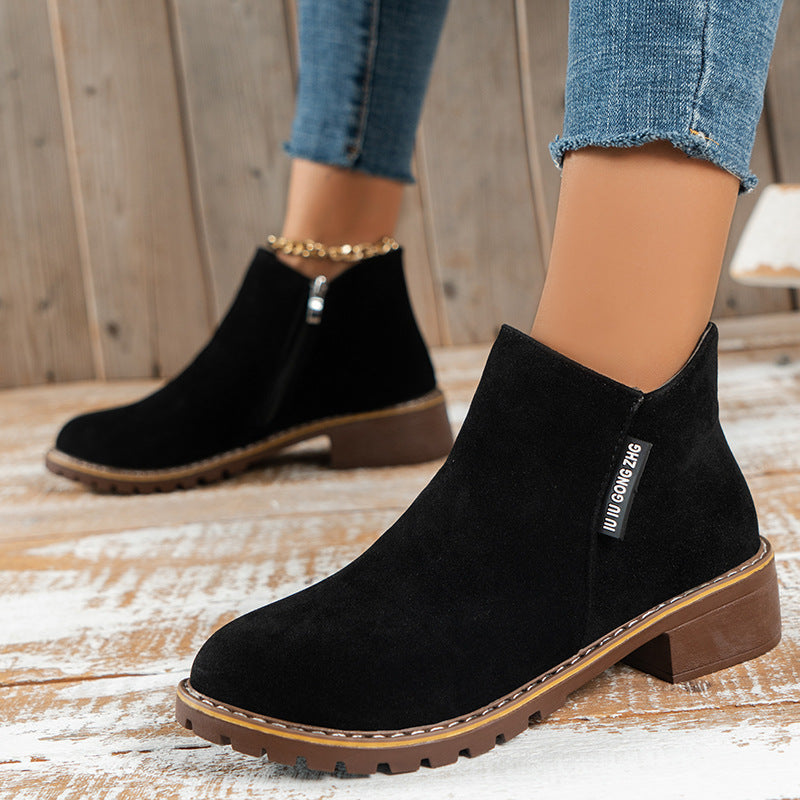 Women's Side Zipper Low Heel Ankle Boots