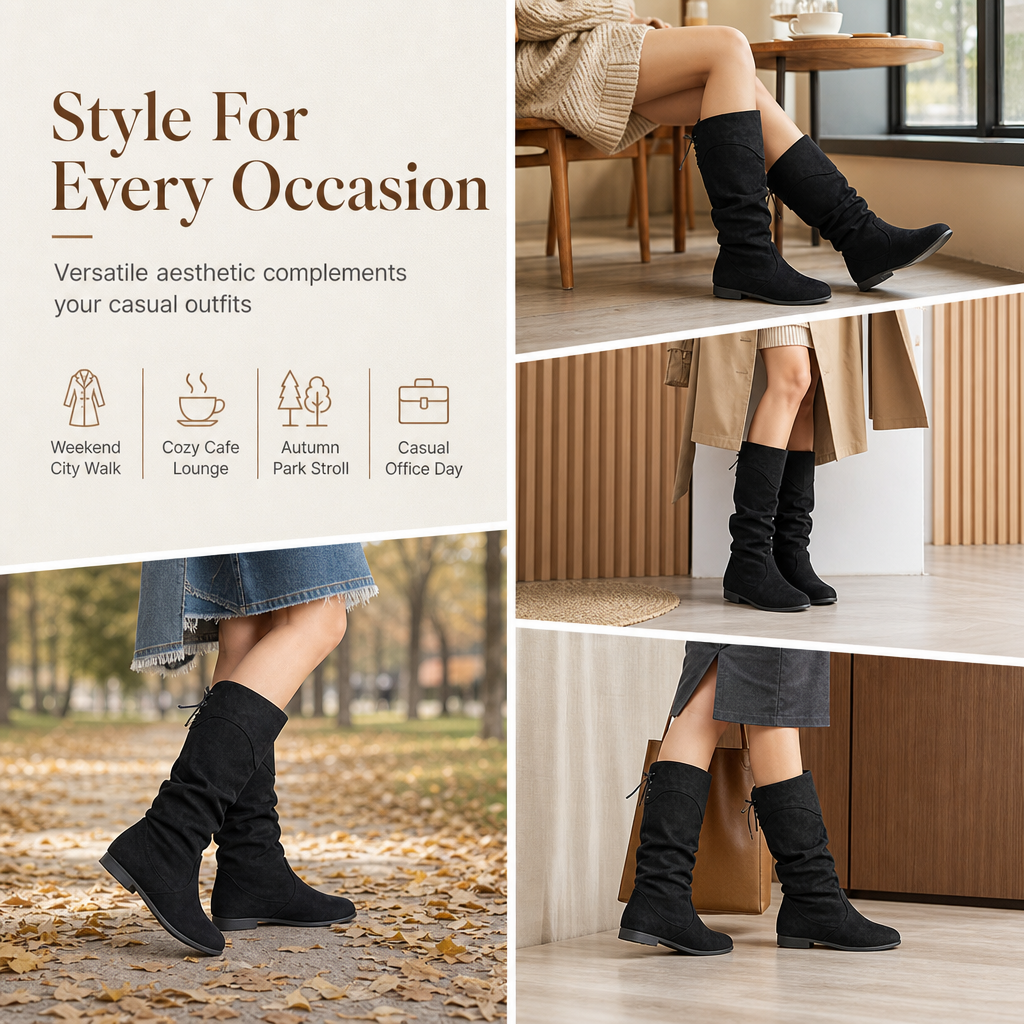 🖤👢Black Friday Sale | Faux Suede Texture, Stylish & Versatile – Women's Slouchy Mid-Calf Boots ✨