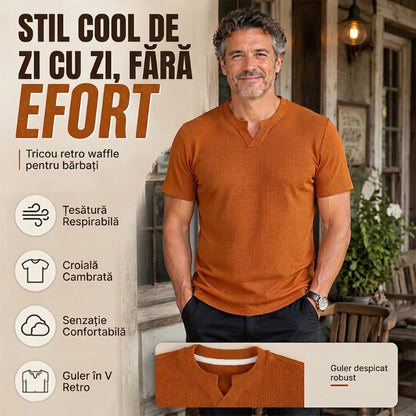 👔 Cămașă bărbătească cu guler în V și mâneci scurte –  tricot texturat respirabil, guler cu crestătură